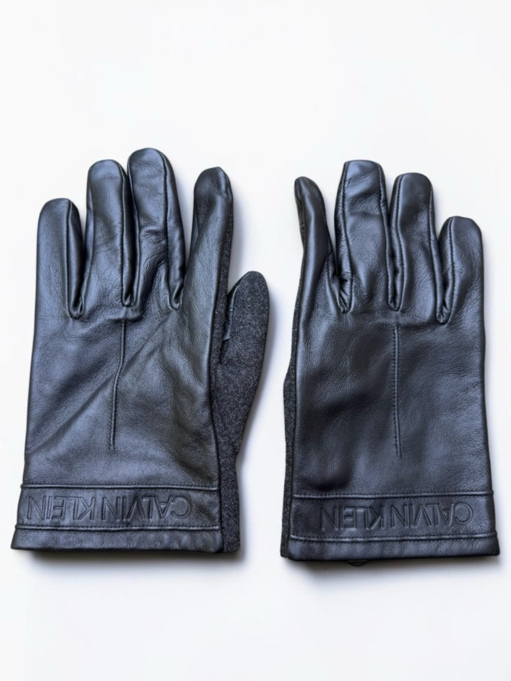 NWT Mens Calvin Klein Leather Fleece Lined Wool Black Sz L Gloves Touchscreen